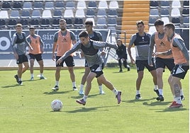 La plantilla del Badajoz se ejercita en el Nuevo Vivero en la víspera del encuentro decisivo de este sábado frente al Pontevedra.