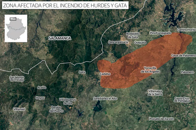 El incendio en Las Hurdes y Gata empieza a frenarse tras arrasar unas 9.000 hectáreas