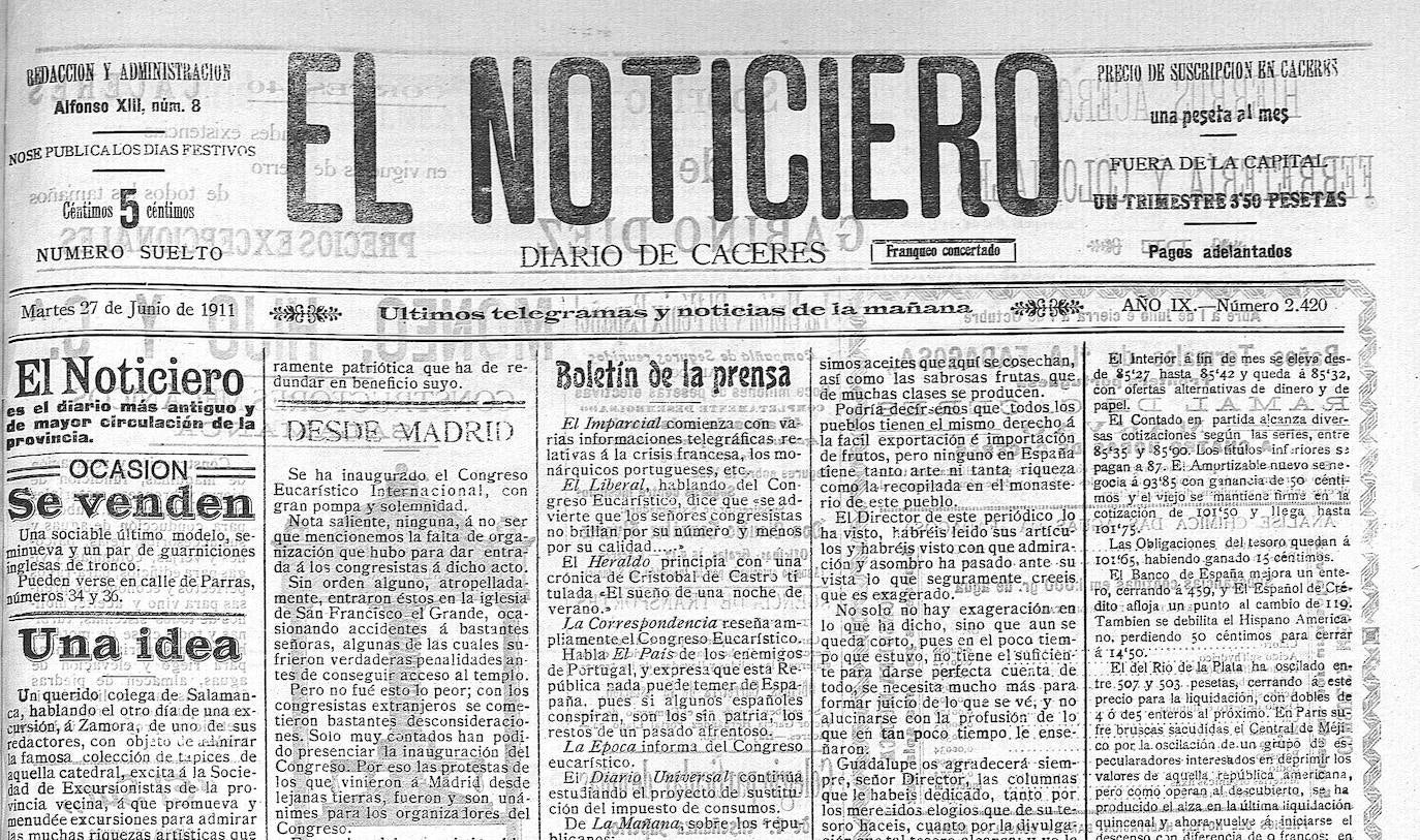 Cabecera de ‘El Noticiero’. Se indica que la redacción y administración estaba en el número 8 de la calle Alfonso XIII, la calle Pintores.