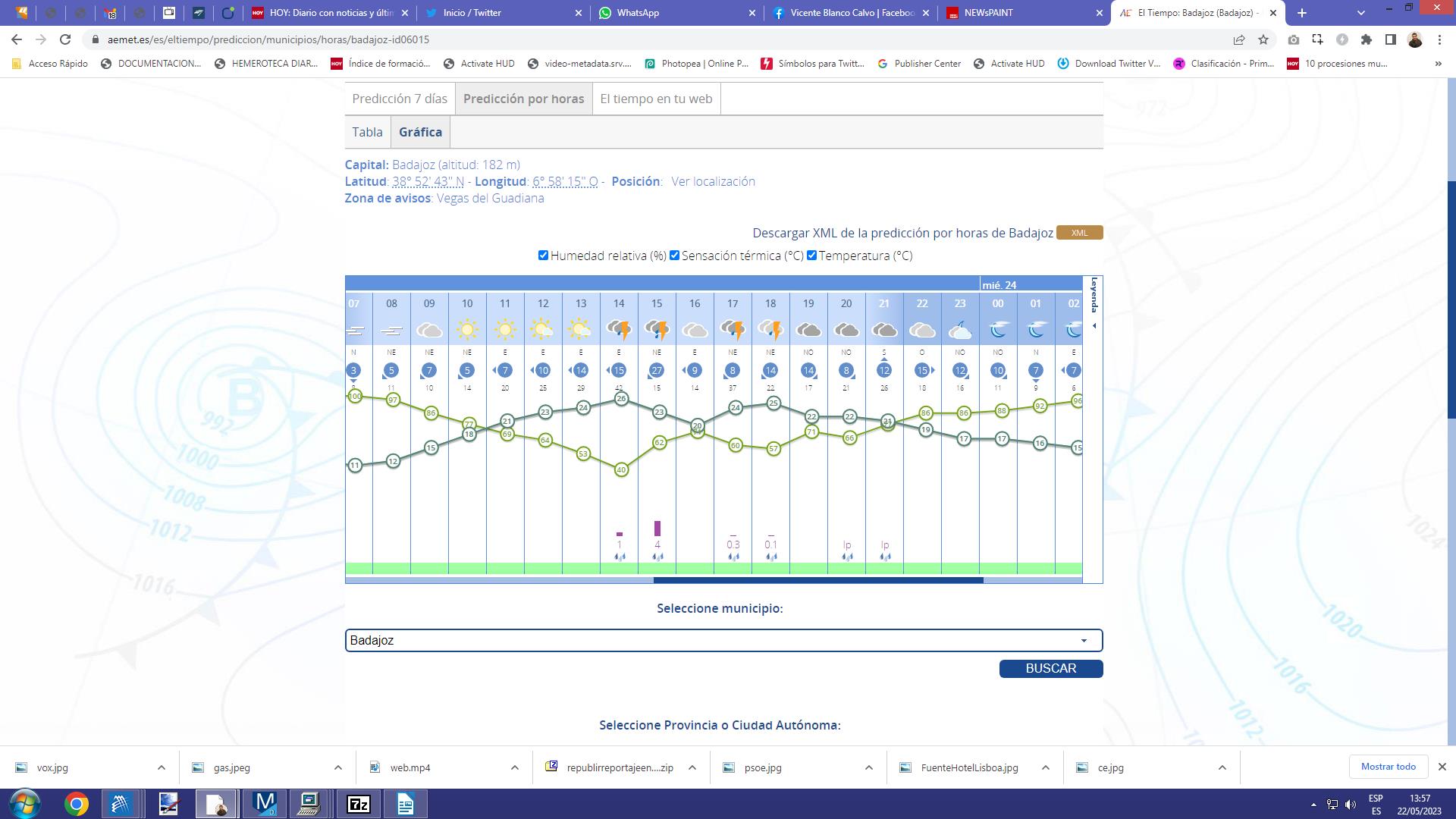 Previsión por horas para la ciudad de badajoz de la Aemet.