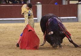 El novillero Sergio Rodríguez durante el duodécimo festejo de la Feria de San Isidro, este martes en la Monumental de Las Ventas, en Madrid.