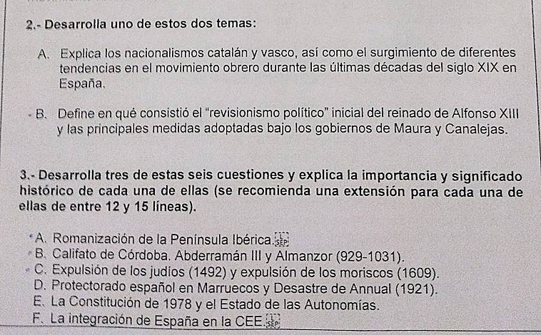 Imagen - Una de las opciones del examen de Historia de España de la EBAU en Extremadura.