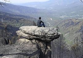 Un hombre observa desde 'La peña montá' el paisaje quemado en Valle del Árrago.