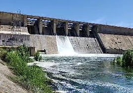 Una de las compuertas de la presa de Orellana suelta agua al río, esta mañana.