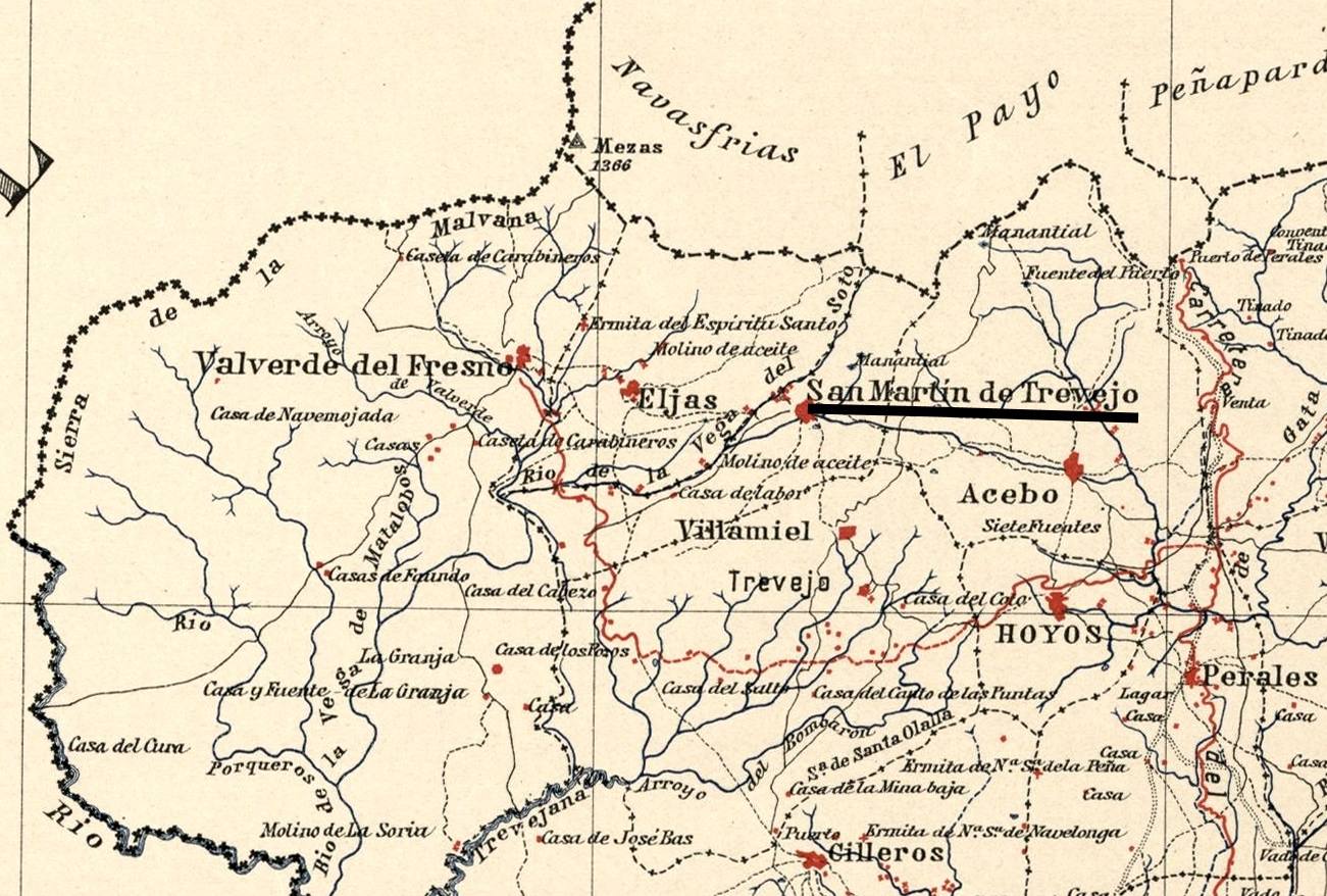 San Martín de Trevejo (subrayado) en un mapa de 1897 a 1902.