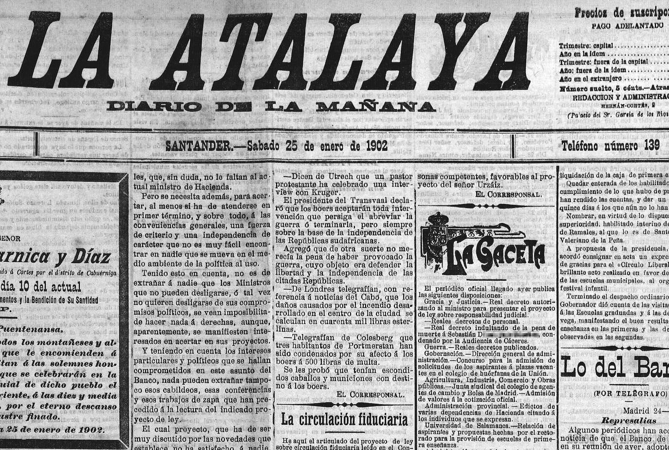 Periódico ‘La Atalaya’ del 25 de enero de 1902, que informa que al asesino se le ha conmutado la pena de muerte por la de cadena perpetua.
