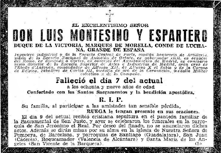 Esquela de Luis Montesino, que murió en 1957 con 89 años. Fundó y dirigió un lagar en Valencia de Alcántara en donde se elaboraba el aceite ‘Marqués de Morella’.