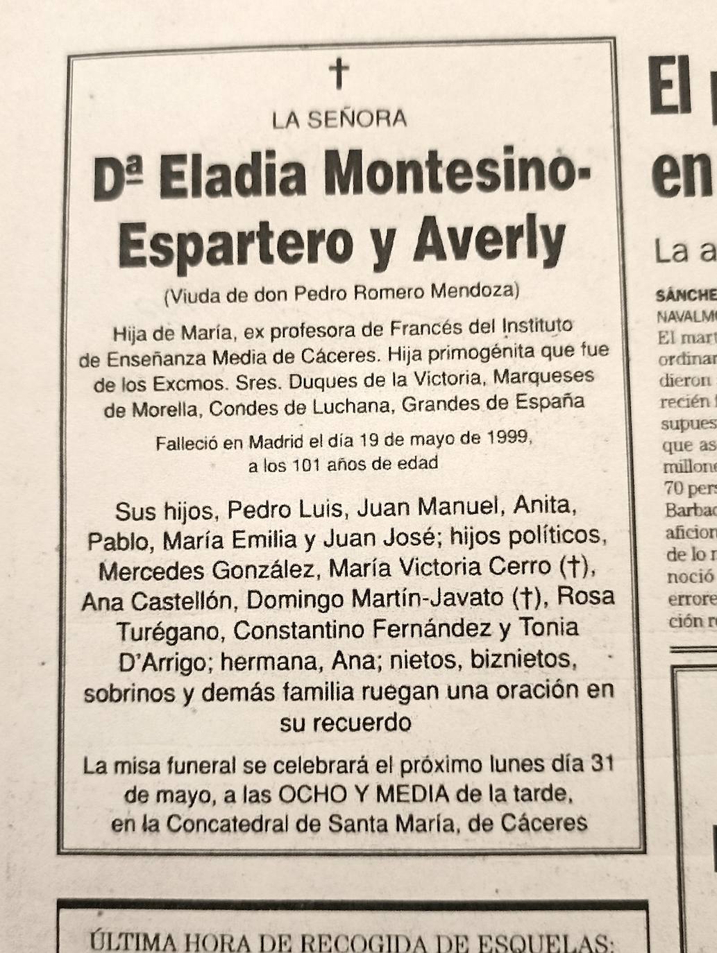 Esquela de Eladia Montesino-Espartero publicada en el Diario HOY el 27 de mayo de 1999. Se murió con 101 años.