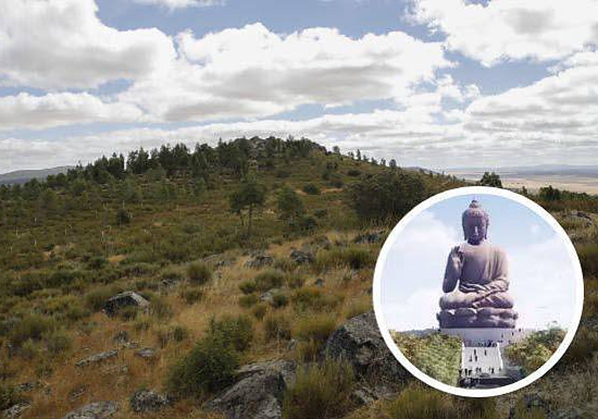 Montaje de la estatua de buda prevista para el monte Arropez, situado entre Valdesalor y Cáceres.