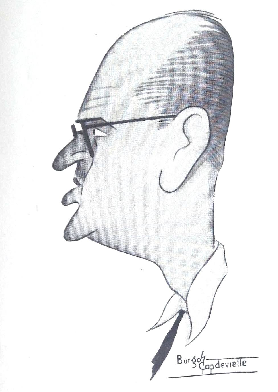 Caricatura de Pedro Romero hecha por Burgos Capdevielle, publicada en la revista Alcántara en 1951.