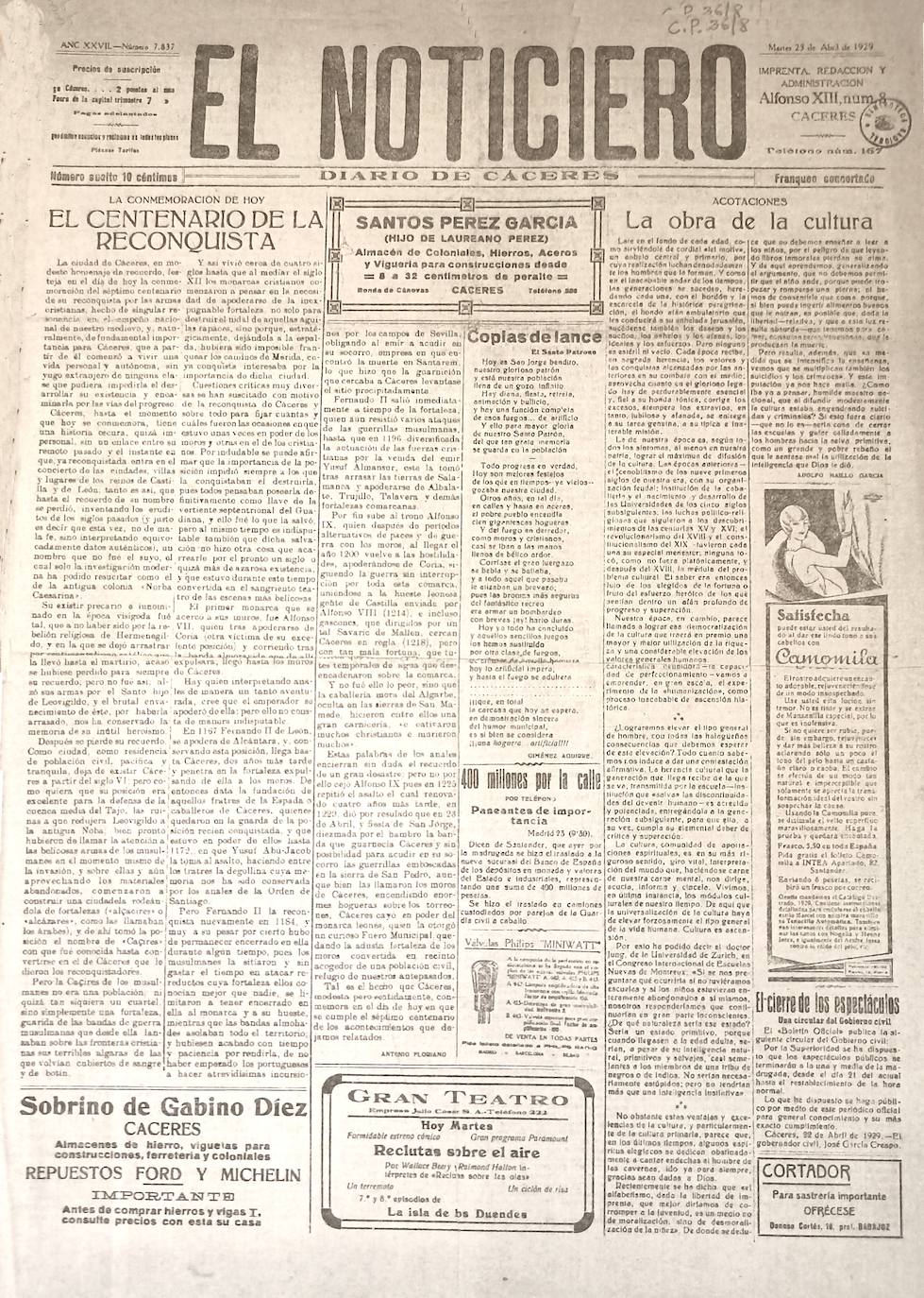 Con 25 años Pedro Romero fue nombrado director de ‘El Noticiero. Diario de Cáceres’.