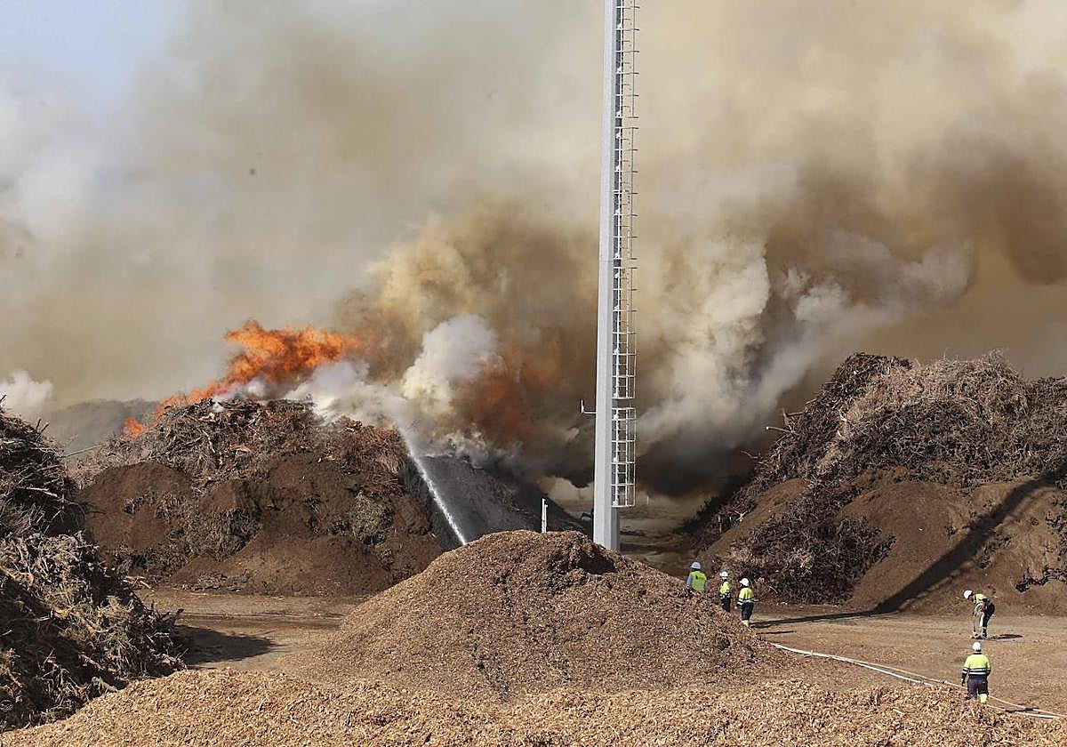 Así luchan los bomberos contra las llamas en la planta de Biomasa de Mérida (II)