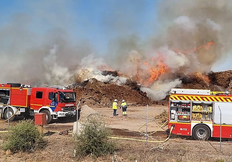Incendio en los exteriores de la planta de biomasa de Mérida, esta tarde.