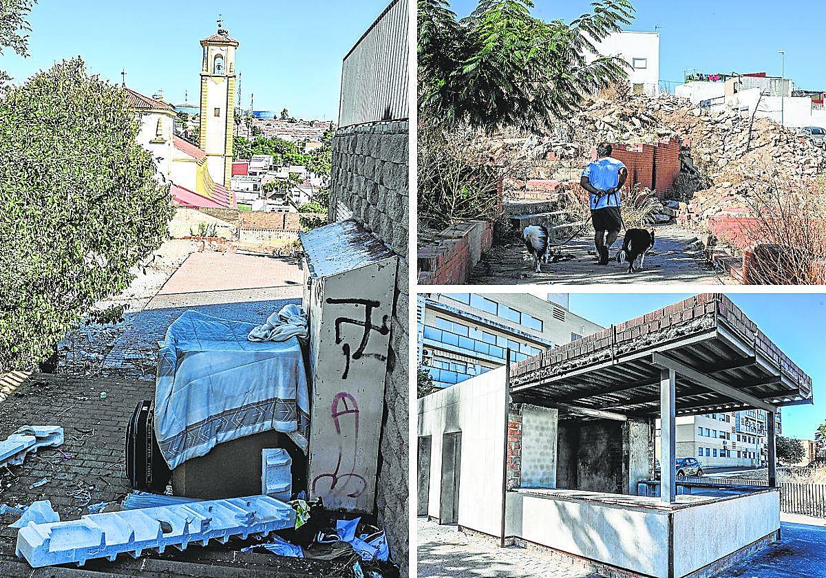 Una chabola, escombros y el quiosco quemado en el parque de la Viña.