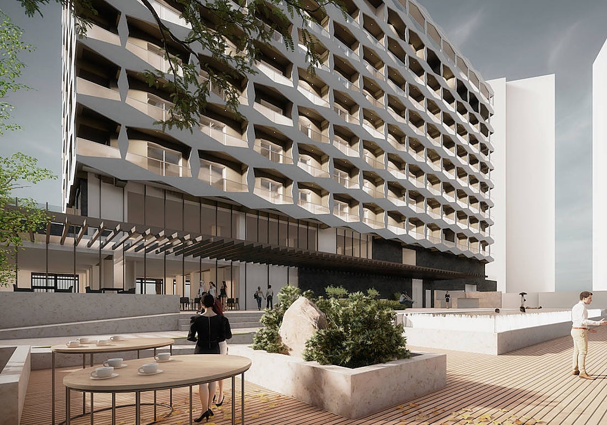 Recreación de cómo quedarán los exteriores del Hotel Lisboa hacía la avenida de Adolfo Díaz Ambrona tras la ampliación y rehabilitación con la piscina.