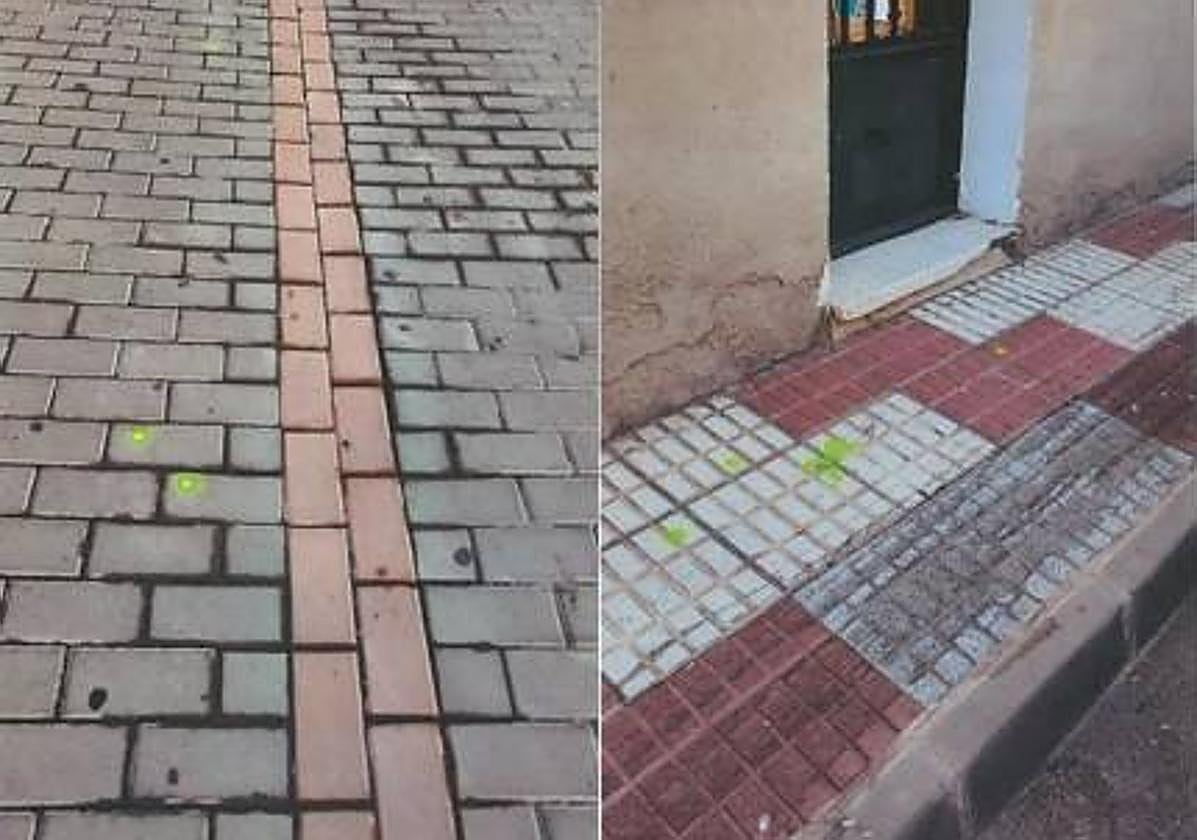 Puntos marcados en el pavimiento para su arreglo.