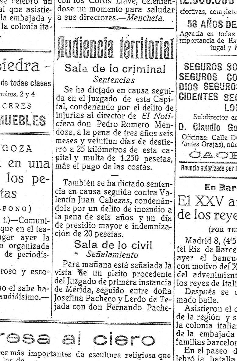 Ejemplar de 'La Montaña' del 8 de junio de 1925, en el que se publica la sentencia que condenaba a Pedro Romero a tres años y medio de destierro de Cáceres por injuriar al médico Joaquín Floriano.