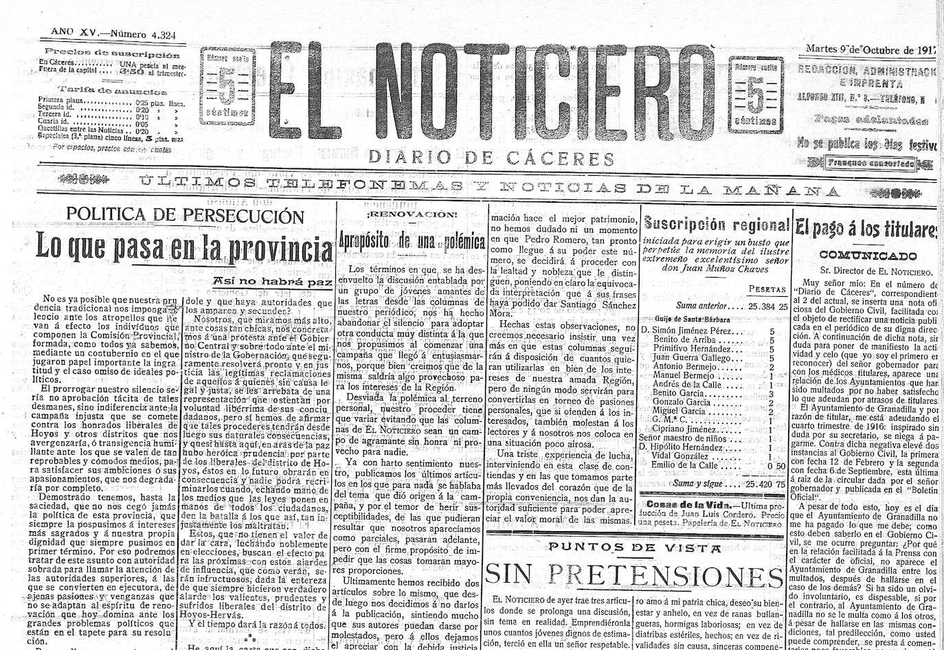 El diario 'El Noticiero', fundado por el liberal Juan Muñoz Chaves, se publicó de 1903 a 1931.