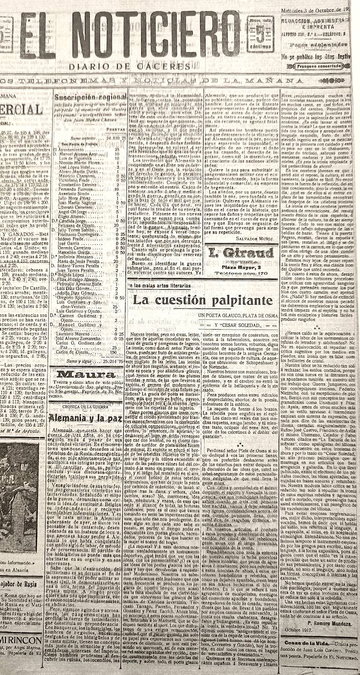 Artículo 'La cuestión palpitante' de Pedro Romero, publicado en 'El Noticiero' en 1917, que le enemistó con el poeta Santiago Sánchez Mora.