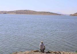 Un pescador mira sentado la presa de Alange en una imagen tomada a finales de julio del año pasado.