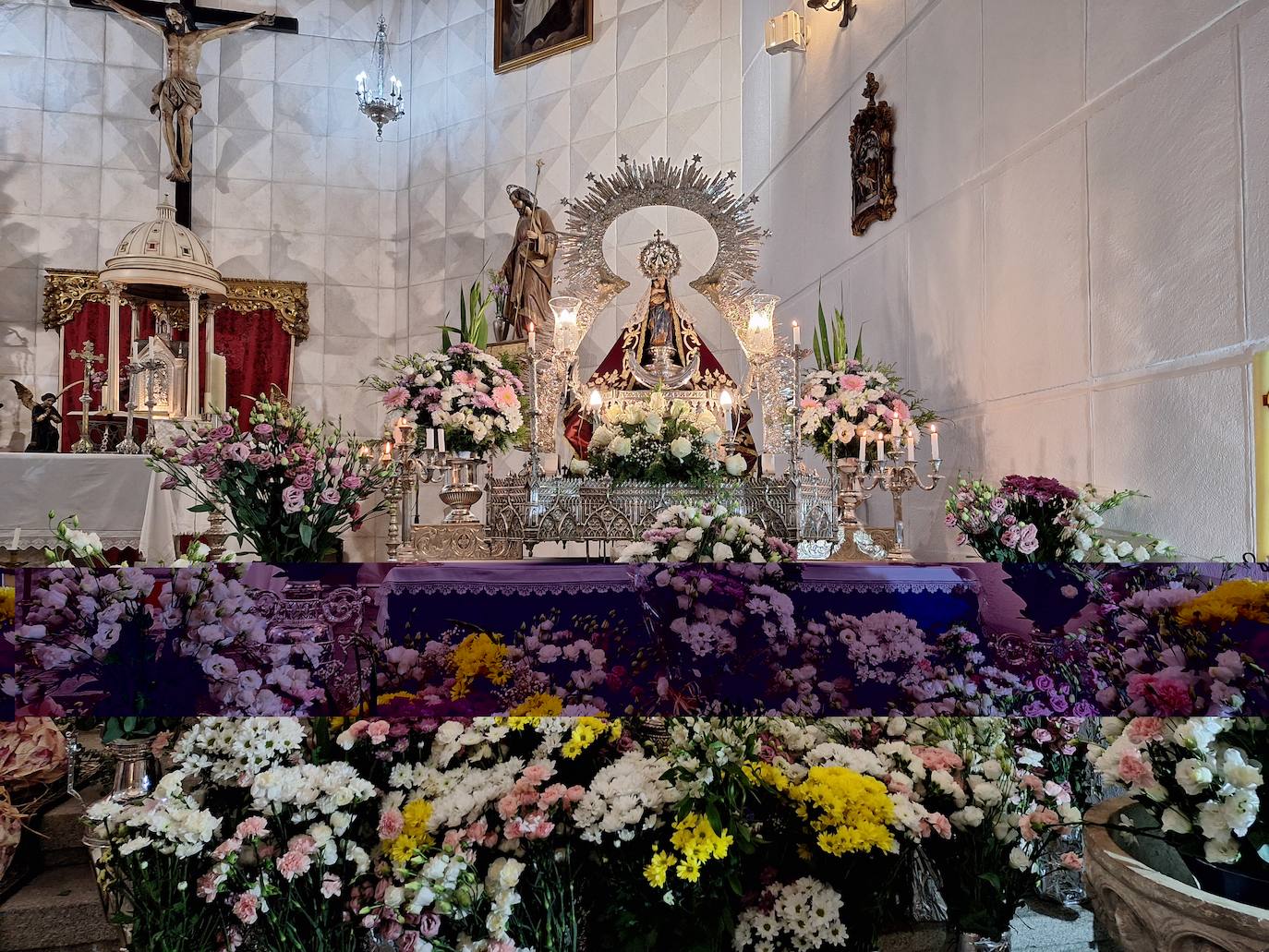 Imagen principal - Arriba, imagen de la Virgen de la Luz con las flores ofrecidas por los fieles. Abajo, asistentes a la misa en la parroquia, y posterior degustación de pizzas y tortitas de tagarninas.