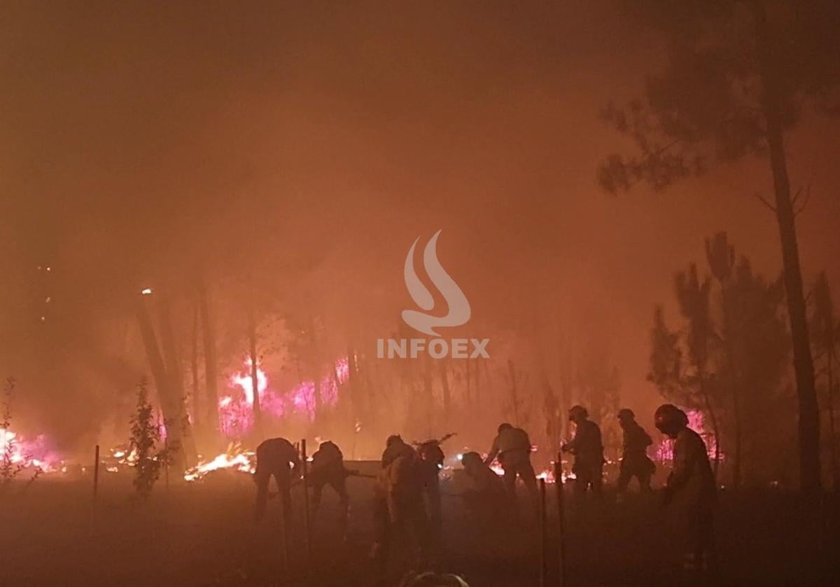 Trabajos durante la noche en el incendio de Perales del Puerto.