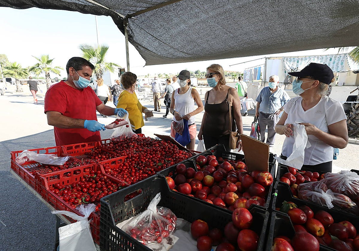 Un puesto de frutas en el mercadillo de Mérida.
