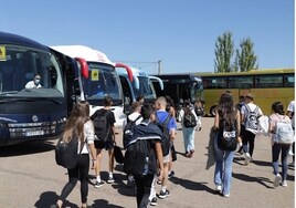 Estudiantes dirigiéndose a varios autobuses de rutas de transporte escolar.