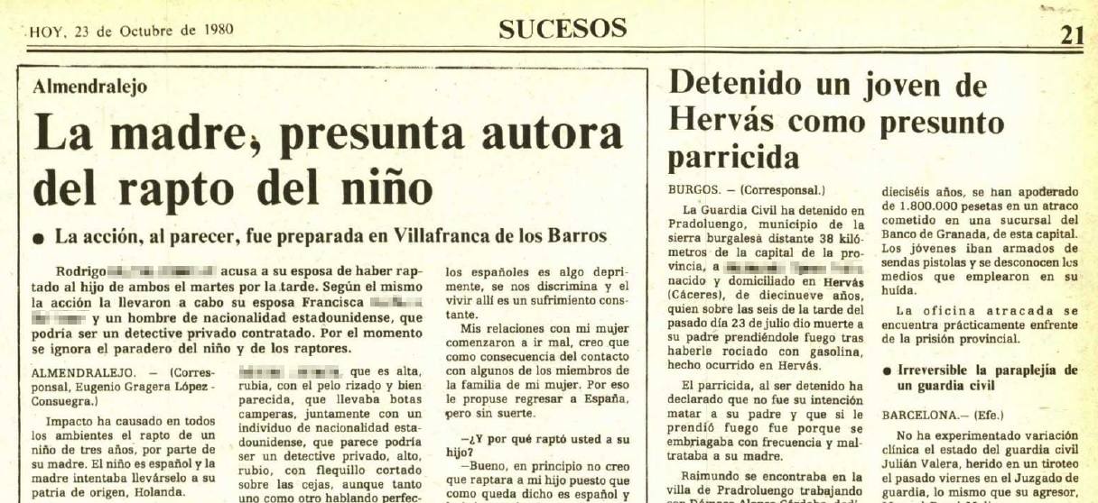 Noticia del diario HOY del 23 de octubre de 1980 con la detención del parricida.