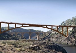 Recreación del nuevo puente de Alcántara, con el puente romano detrás.