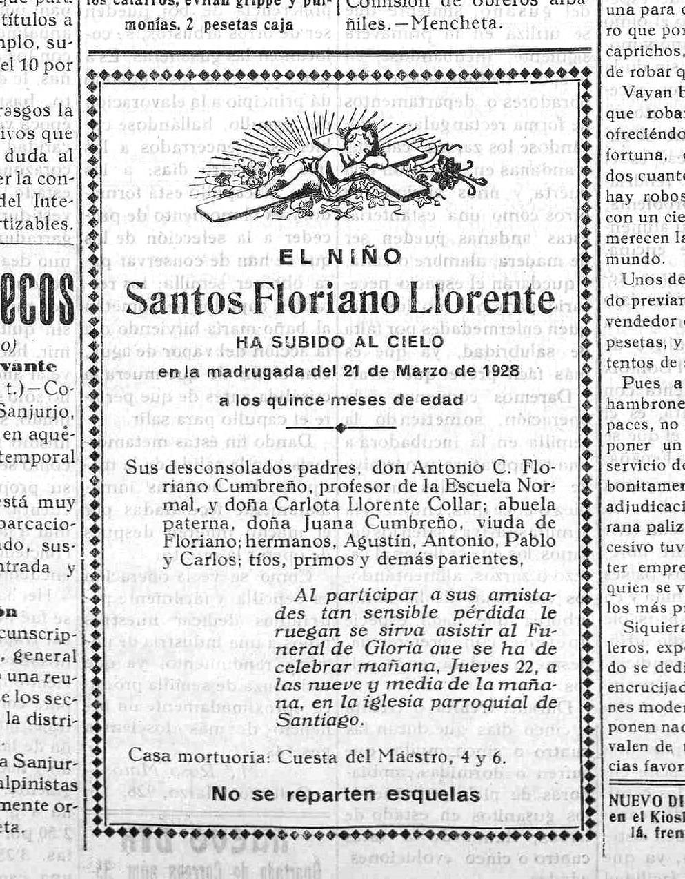 Esquela publicada el 21 de marzo de 1928, en el diario ‘Nuevo Día’ de la provincia de Cáceres, informando de la muerte de un hijo de Floriano Cumbreño cuando tenía 15 meses de vida.