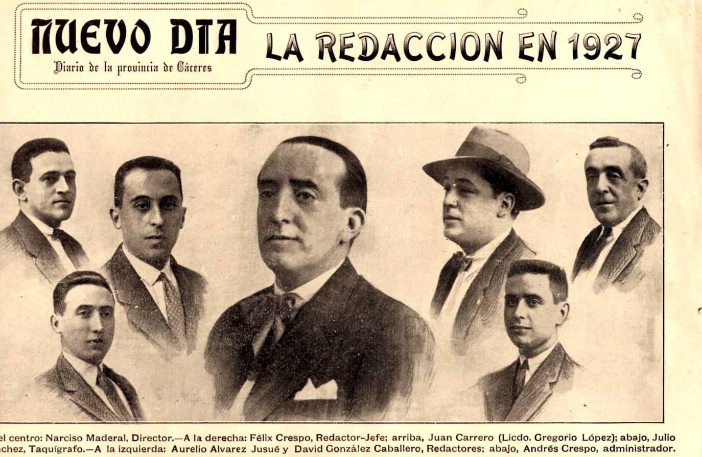 Narciso Maderal en 1927, en el centro, cuando era director de ‘Nuevo Día. Diario de la provincia de Cáceres’.