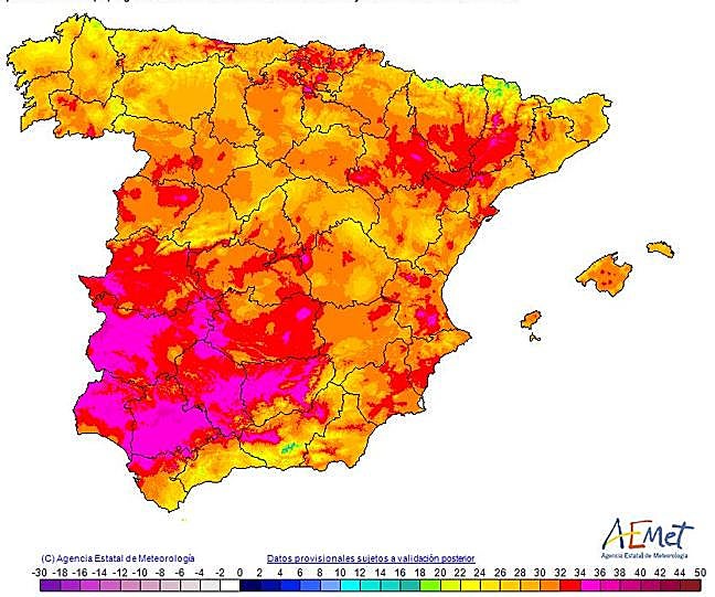 Temperatura máxima registrada entre las dos de la madrugada y las dos de la tarde de este domingo.