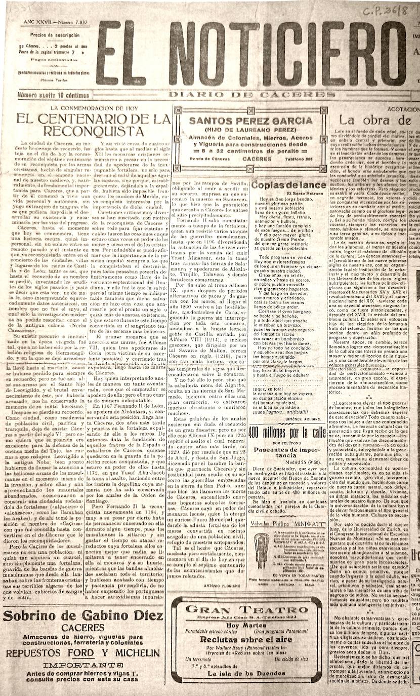 Artículo publicado por Antonio Floriano en ‘El Noticiero’ el 23 de abril de 1929, con motivo del séptimo centenario de la reconquista de Cáceres.