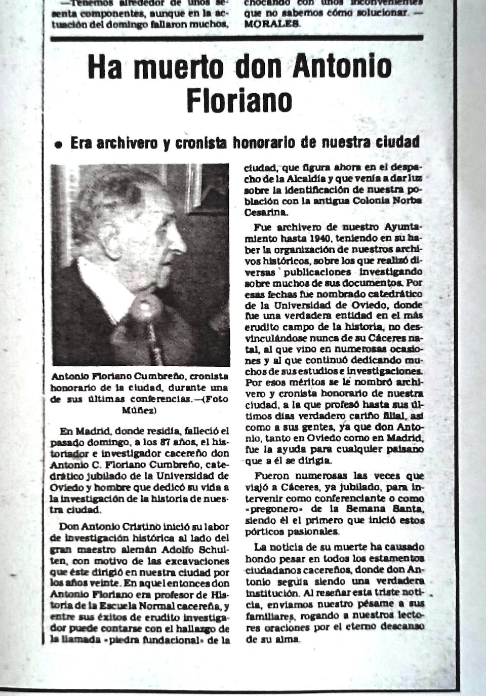 Noticia en el Diario HOY, del 16 de octubre de 1979, de la muerte del gran investigador cacereño.