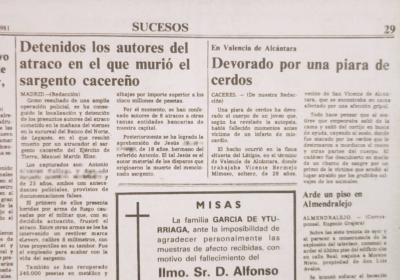 Noticia del Diario HOY del 11 de enero de 1981 de la detención de los atracadores.