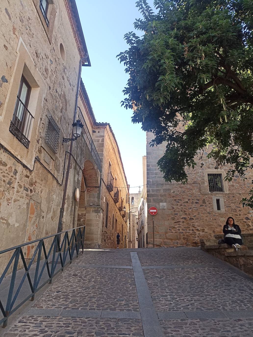 Imagen actual de la Plazuela del Socorro, en donde un árbol impide ver la torre de los Espaderos.