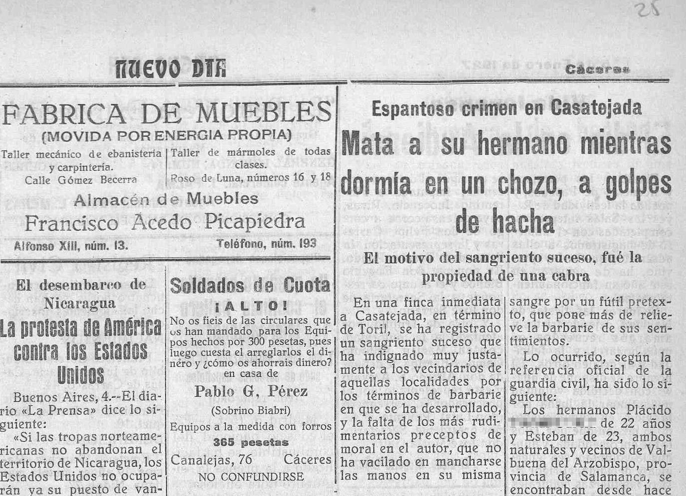 Noticia del crimen, publicado en el periódico de Cáceres 'Nuevo Día' el 5 de enero de 1927.