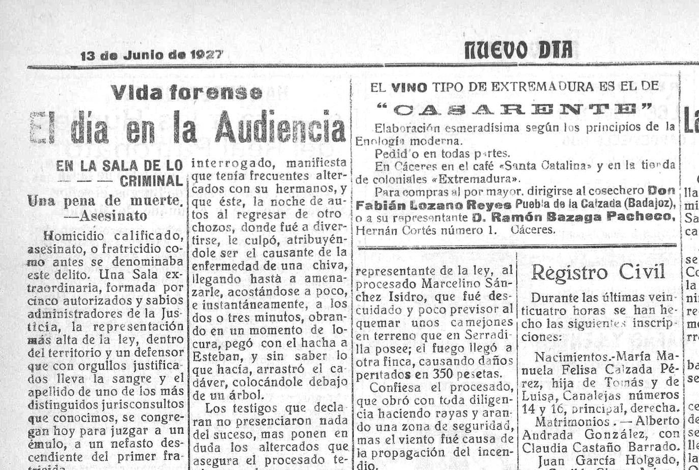 Noticia del juicio, publicada el 13 de junio de 1927 en 'Nuevo Día', que fue escrita por el periodista que firmaba 'El licdo. Gregorio López'