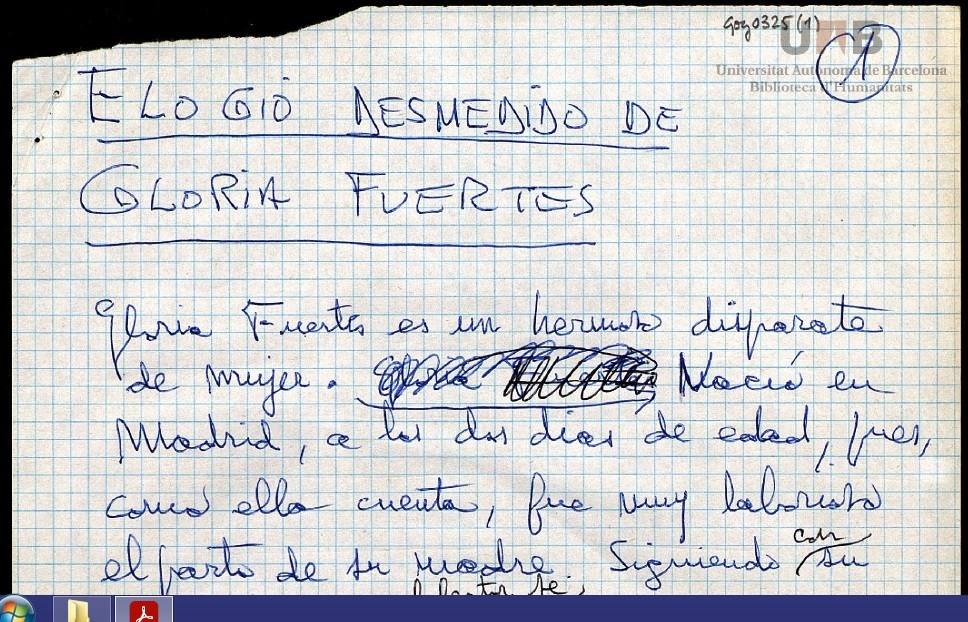 Anotaciones de Goytisolo para escribir en la revista La Calle (1978-1982) un 'Elogio desmedido de Gloria Fuertes'.