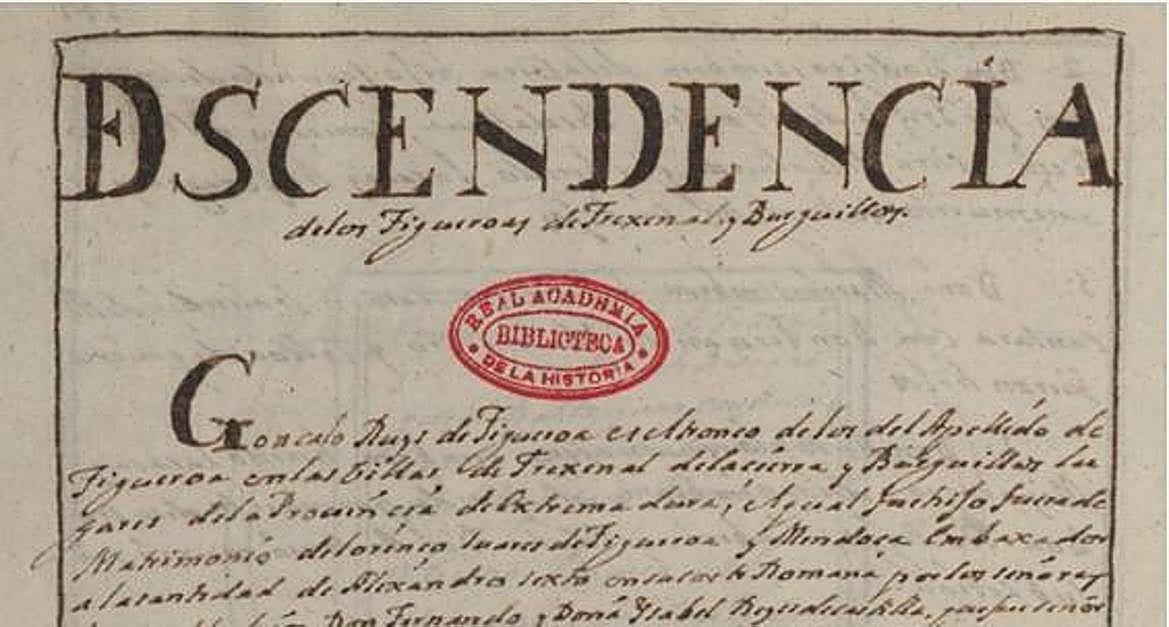 «Descendencia de los Figueroa de Frexenal y Burguillos», en el libro Nobleza de Extremadura escrito por Alexandro de Silva Barreto. Biblioteca digital de la Real Academia de la Historia.