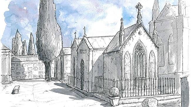 Imagen antes - A la izquierda, el dibujo de Emilio Mellado del cementerio viejo de Badajoz; a la derecha una foto del camposanto pacense.