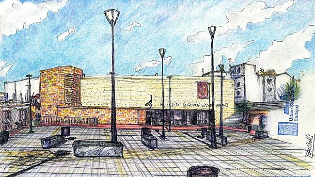 Imagen antes - A la izquierda, dibujo de Pepe Cortés del Museo Luis de Morales; a la derecha, foto del museo.