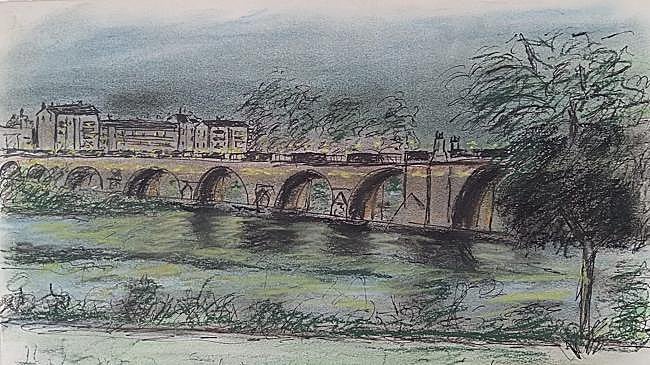 Imagen antes - A la izquierda, dibujo de Manuel Encarnación del Puente Viejo; a la derecha, foto del Puente Viejo.