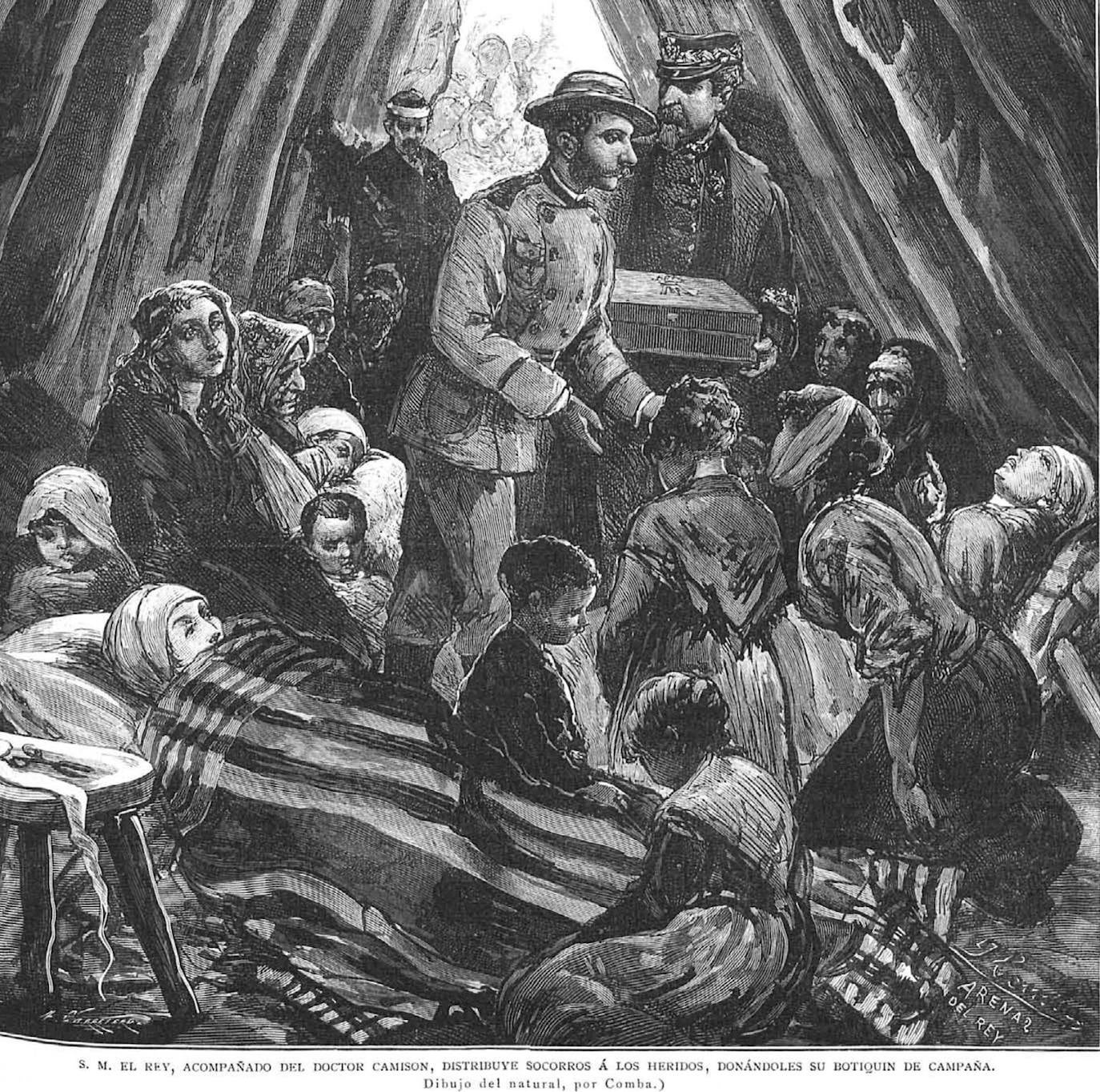 Dibujo de Comba publicado el 30 de enero de 1885 en 'La Ilustración Española y Americana', de Alfonso XII visitando a heridos en un terremoto en Arenas del Rey, en Granada.