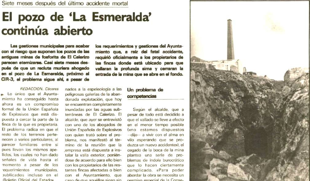 Noticia del Diario HOY del 7 de septiembre de 1984 denunciando que seis meses después del último accidente mortal, el pozo de La Esmeralda continuaba abierto.