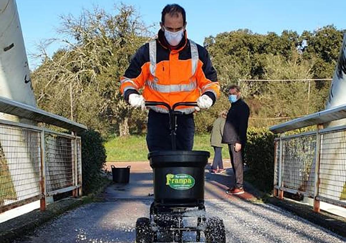 Un operario de Conyser esparciendo la sal por una pasarela peatonal.