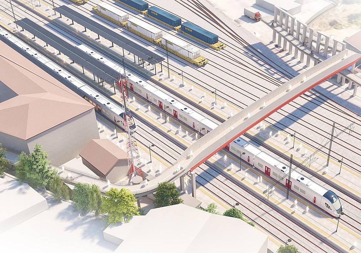 Recreación de la pasarela sobre la estación recogida en el proyecto.