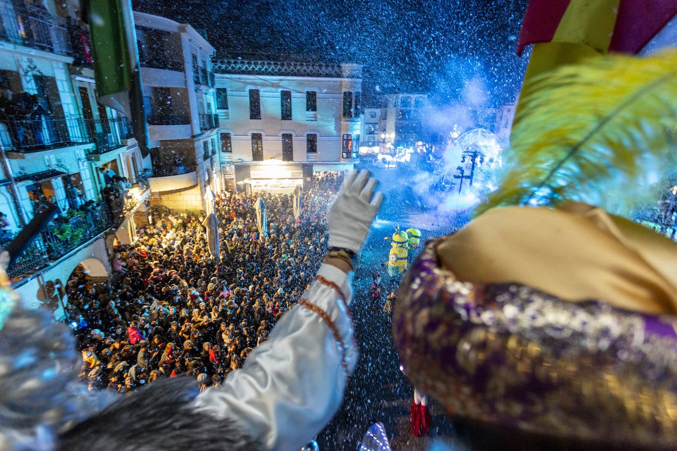 Melchor, Gaspar y Baltasar en la Plaza Mayor de Plasencia. 