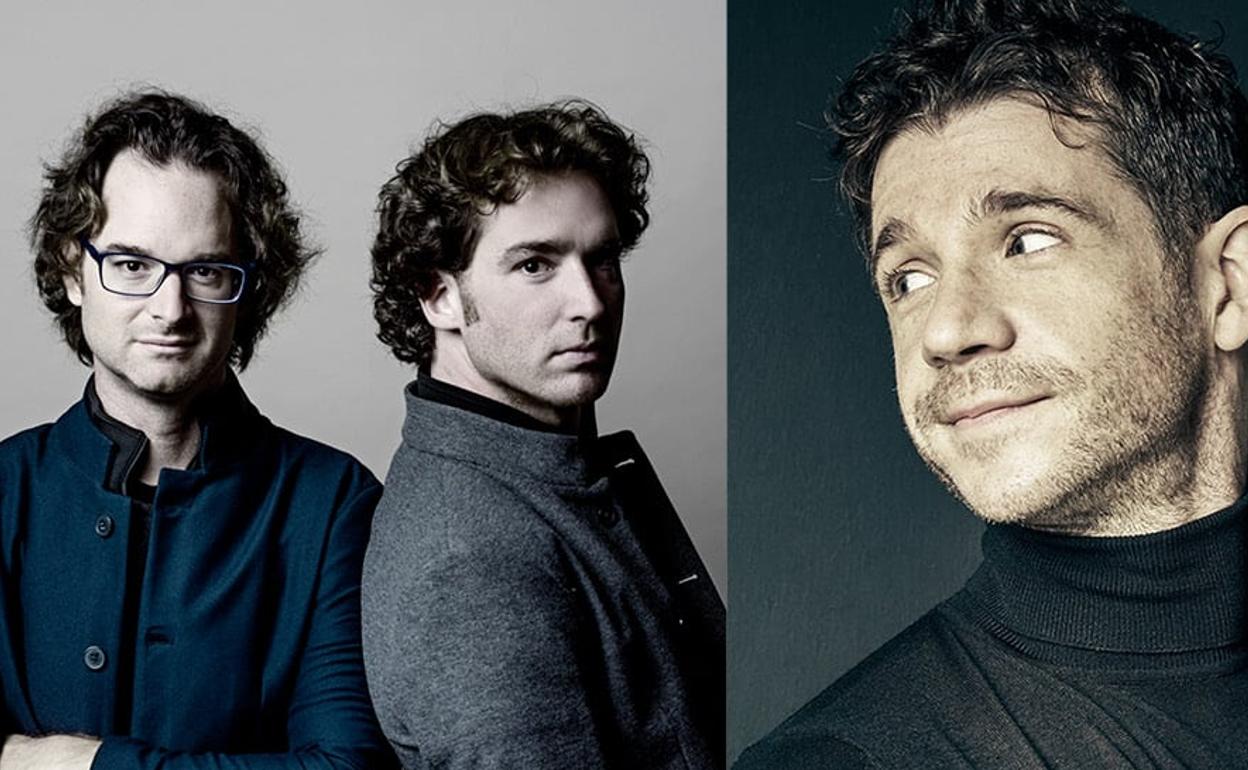 Los hermanos pianistas Víctor y Luis del Valle, y el director de la OEx Andrés Salado. 